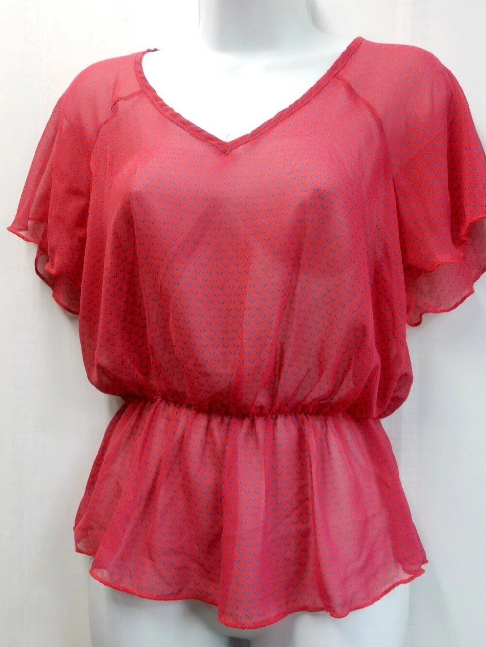 NEW Sheer V-Neck Flutter Sleeve Peplum Top Size S